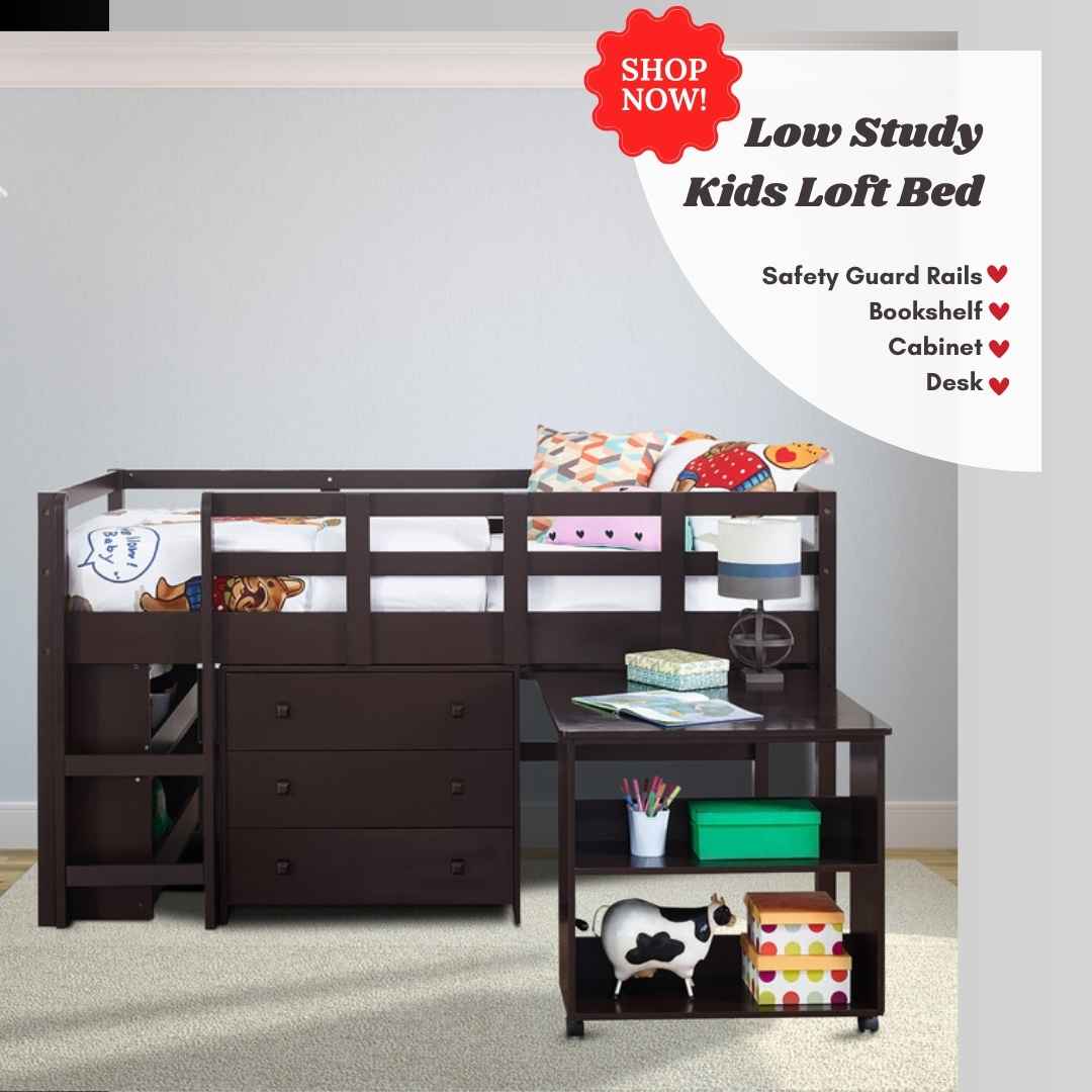 Low Study Kids Loft Bed with Desk, Cabinet, Bookshelf, and Safety Guard Rails by Naomi Home