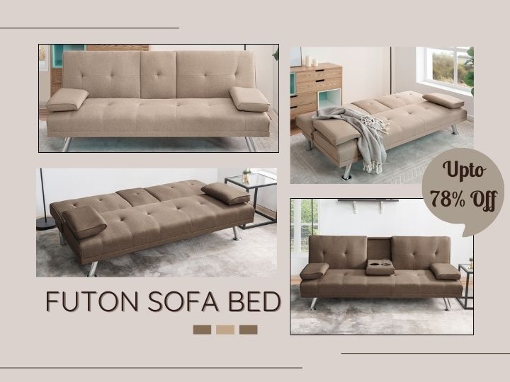 Convertible Futon Sofa Bed with Armrest and Cup Holders